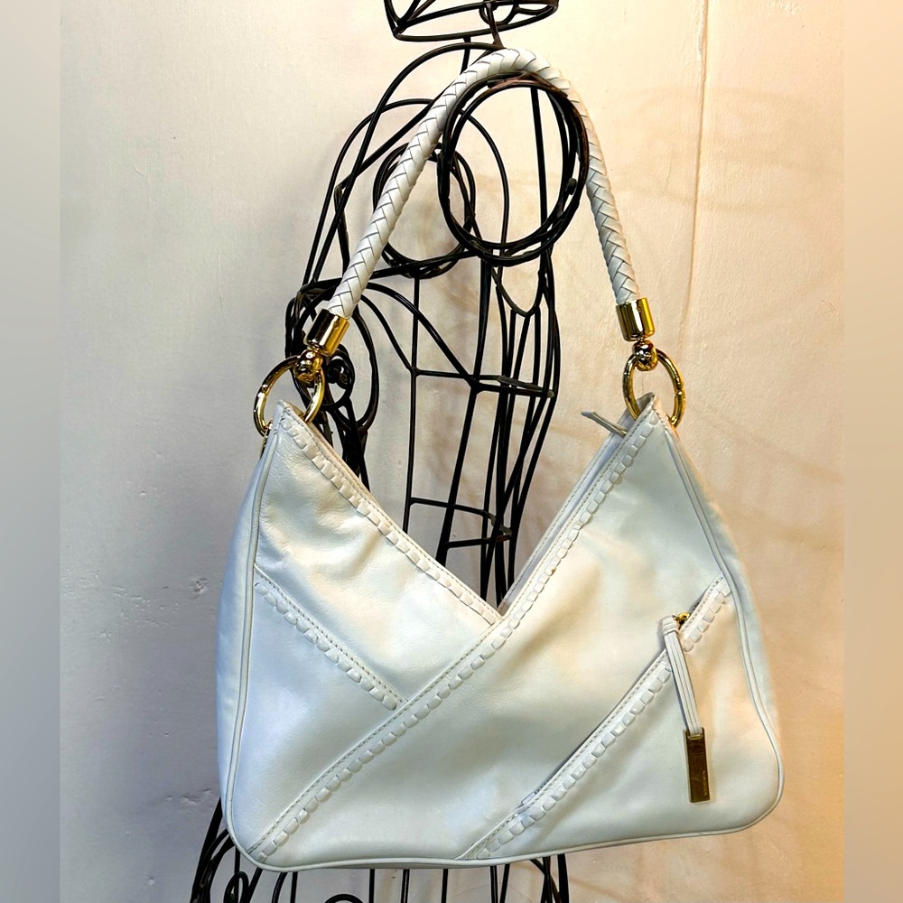 Via Spiga White Leather Shoulder Bag w/ Accent Stitching #H-9